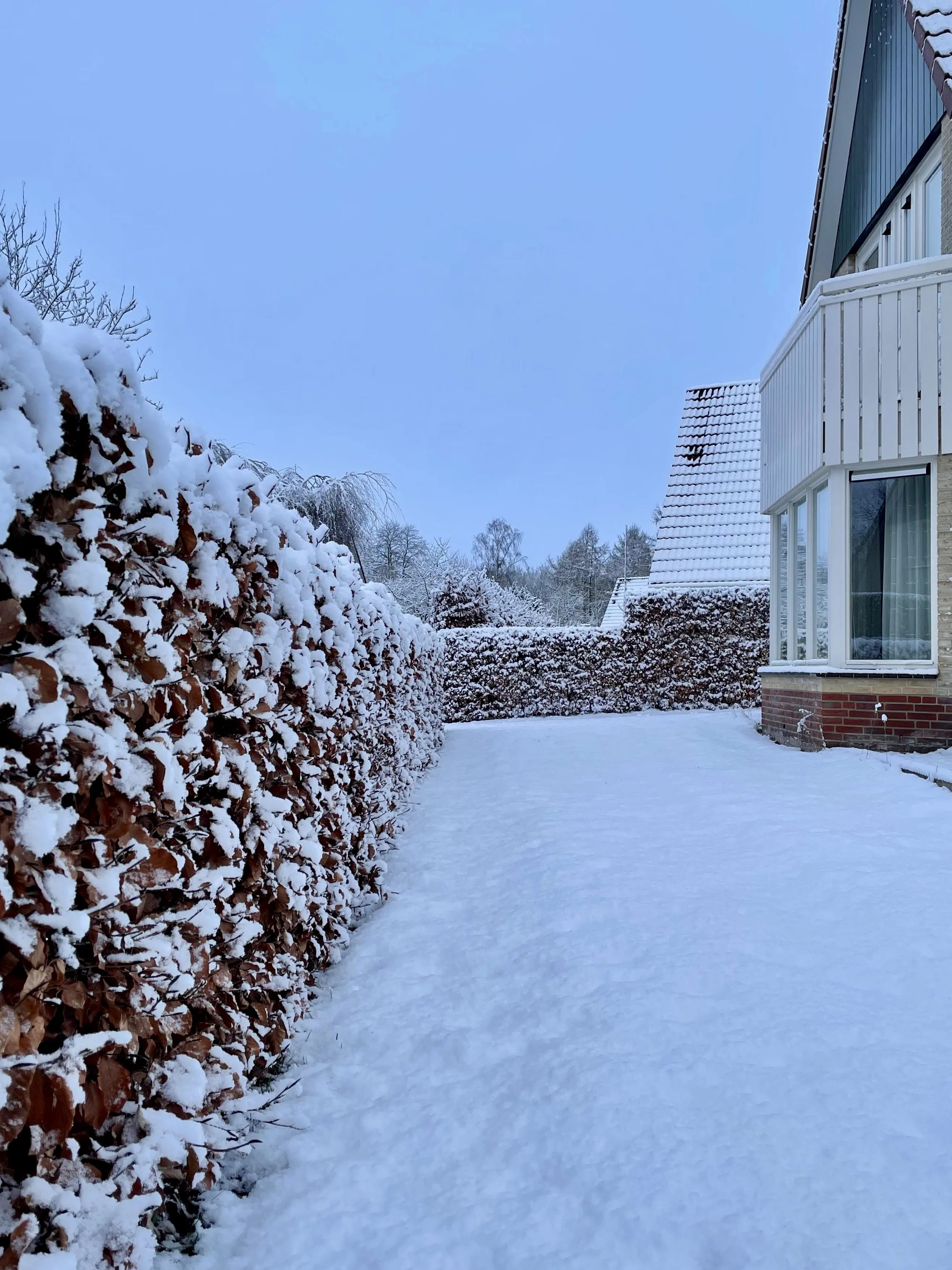 Voorzijde van het vakantiehuis in de sneeuw